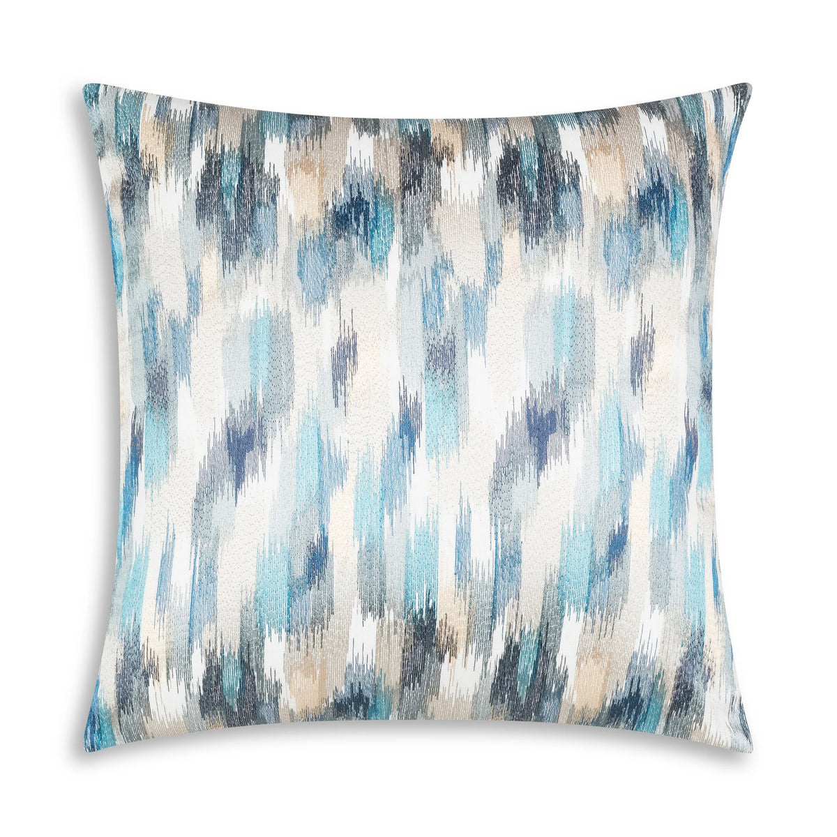 Cazimo Pillow in White & Blue, front view of brushstroke ikat pattern
