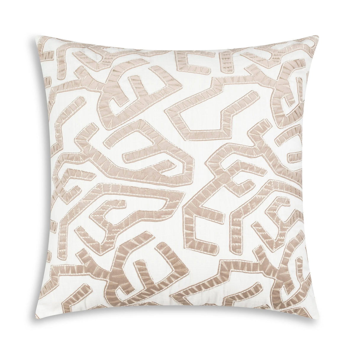 Salvador Pillow in Natural, square, taupe embroidered pattern on ivory