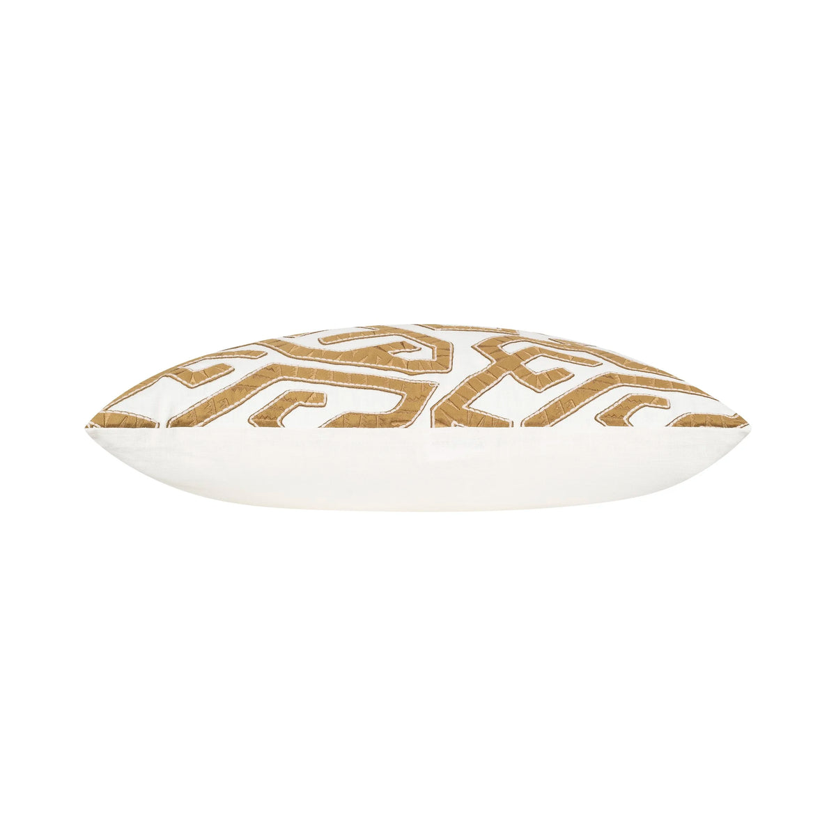 Salvador Pillow in Tobacco, side profile of the embroidered maze pattern