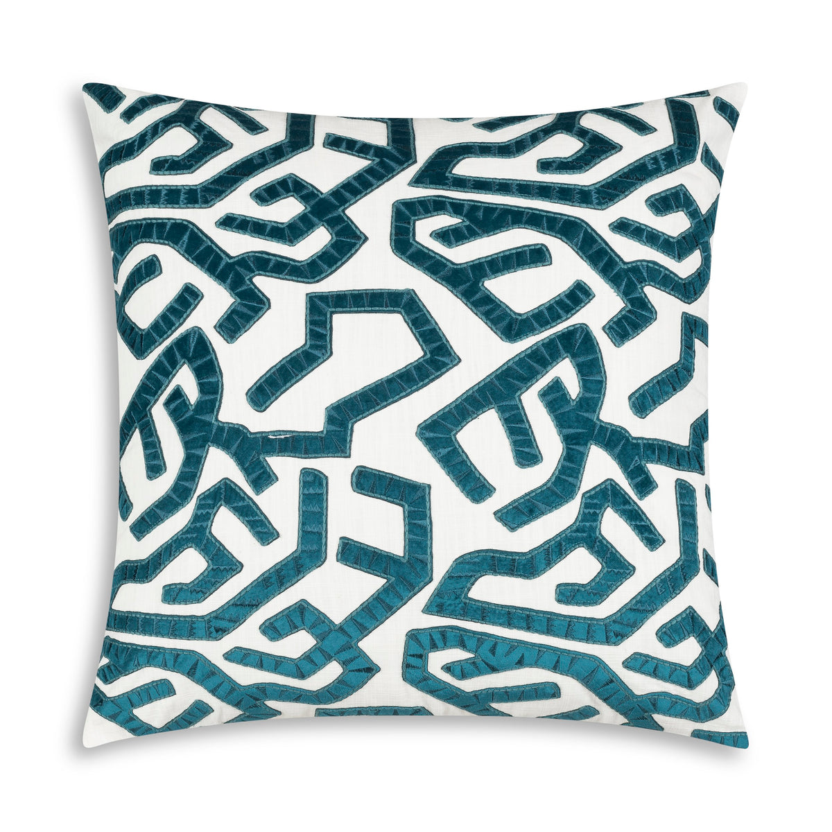 Salvador Pillow in Cerulean, square, teal embroidered pattern on ivory