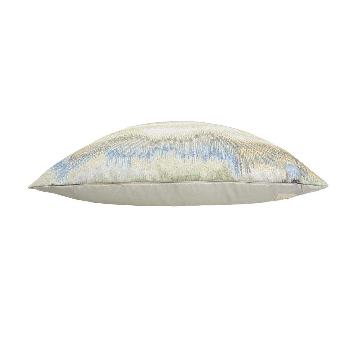 Ocean Blue Pillow with blue and sage ikat stripe, side view