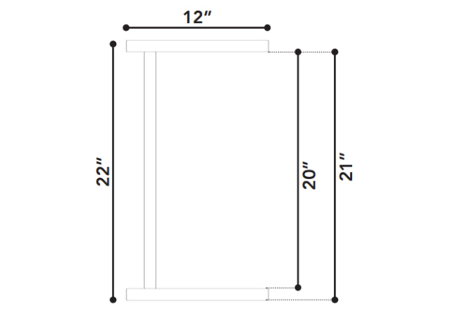 Rookie End Table dimension drawing: 12" top, 22" overall height, 20" and 21" clearances