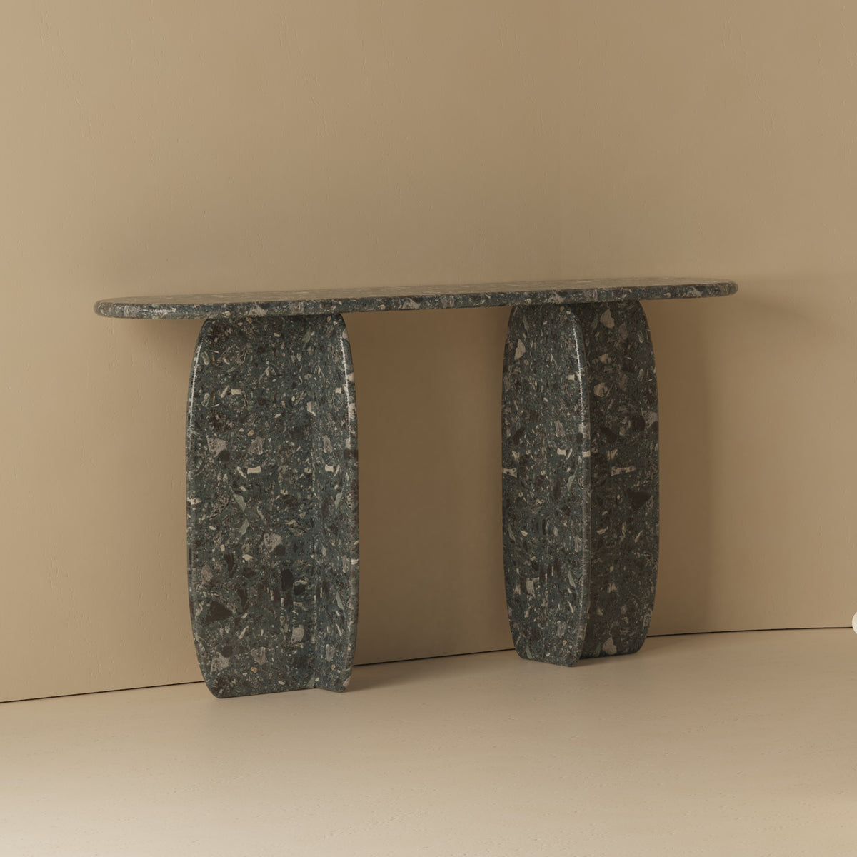 Catus Marble Console Table in dark speckled terrazzo, three-quarter view