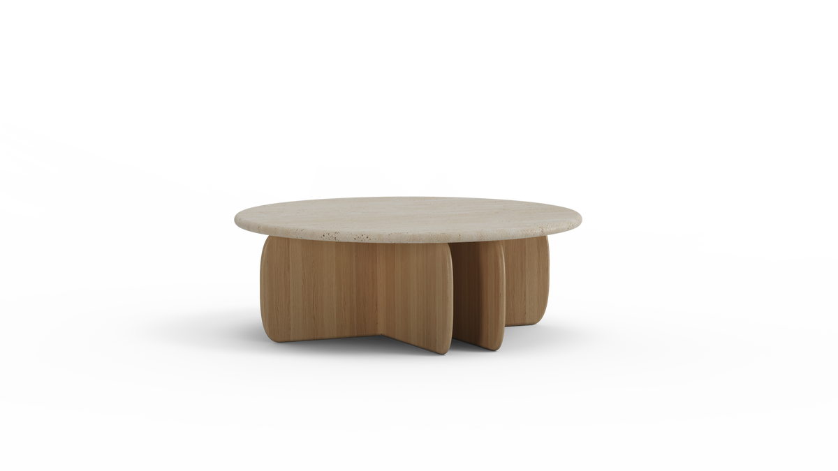 Catus Marble Coffee Table with travertine top and Natural Oak base, three-quarter view