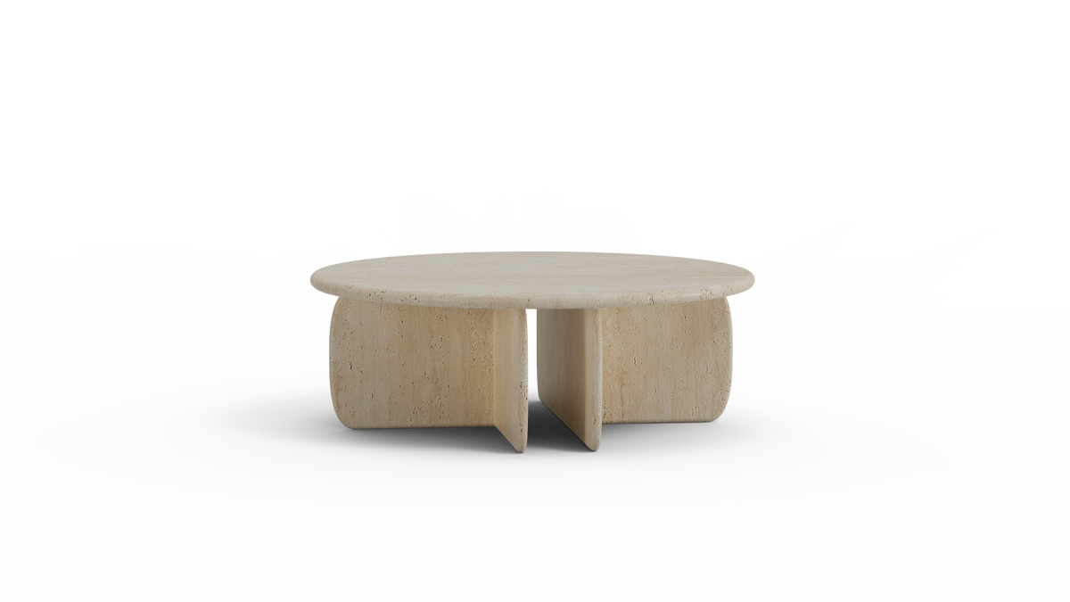 Catus Marble Coffee Table with travertine top and pale wood base, front view