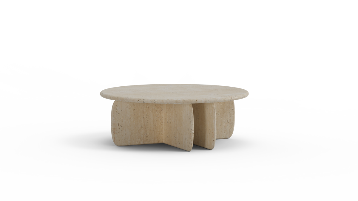 Catus Marble Coffee Table with travertine top and pale wood base, three-quarter view