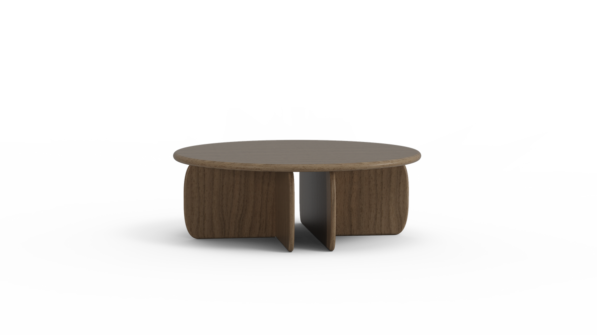Catus Wood Coffee Table in natural oak, front view of round top on fin legs