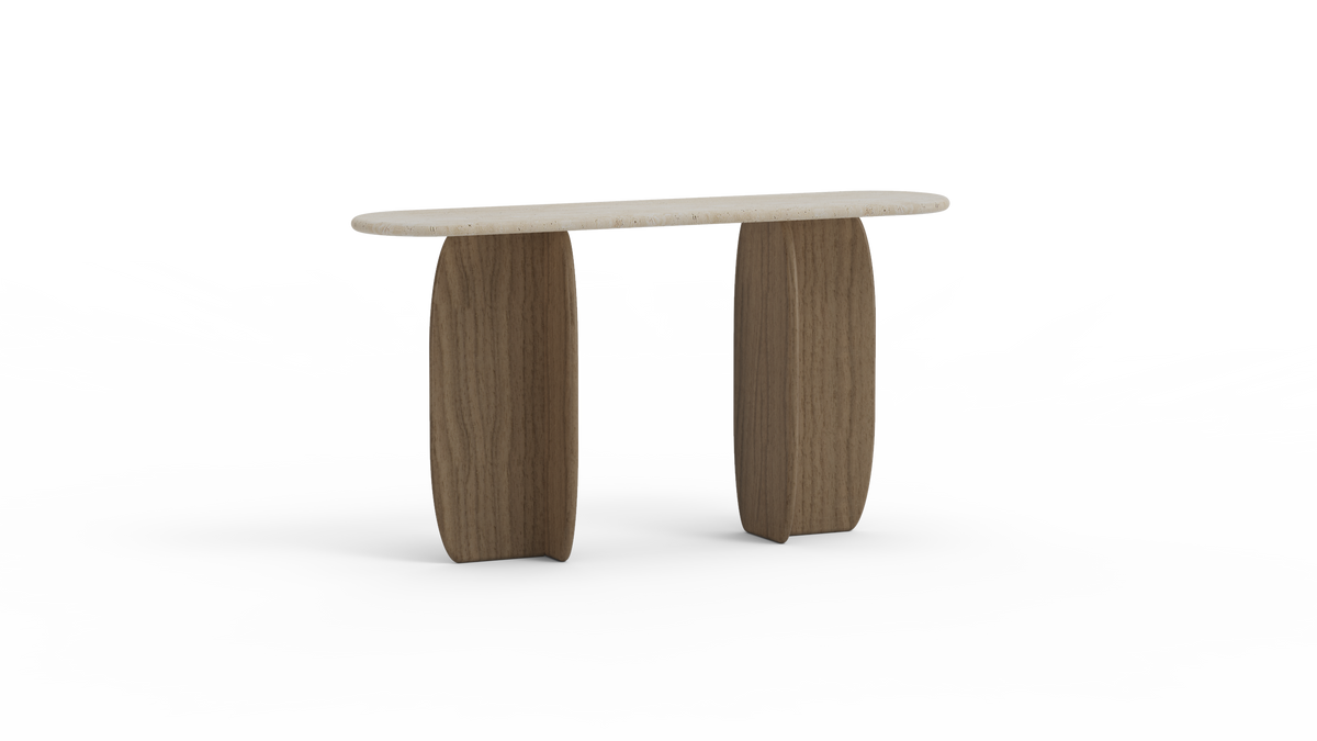 Catus Marble Console Table with Travertine top and Natural Walnut base
