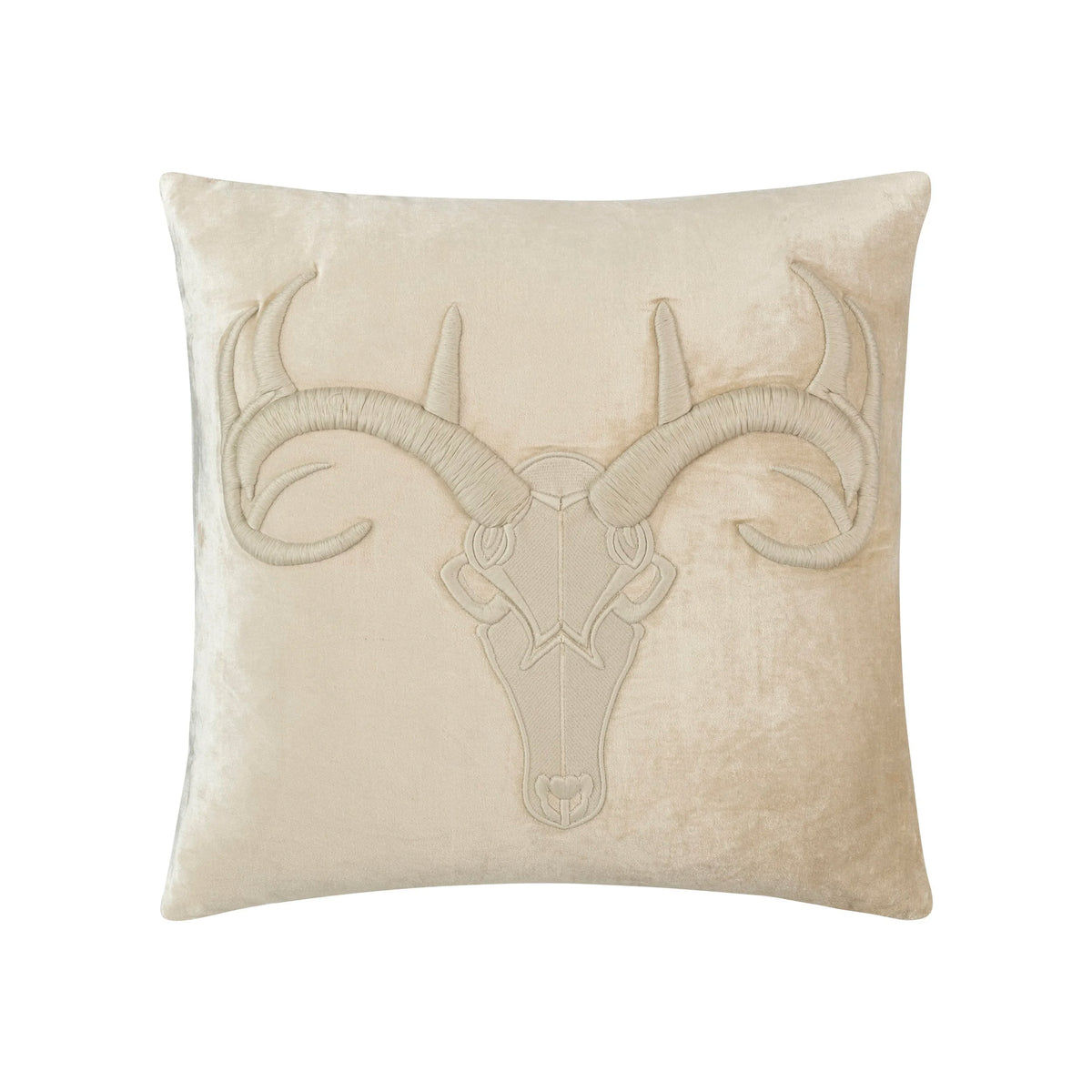 Denver Longhorn Pillow in Ivory velvet with embroidered longhorn, front view