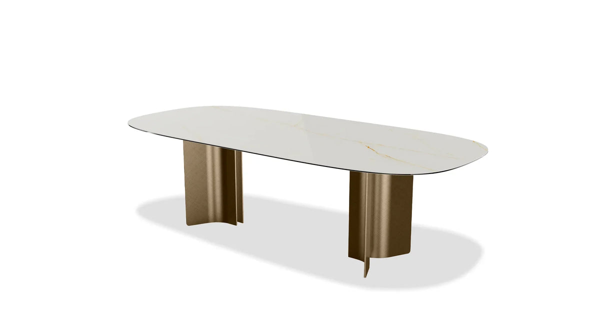 Sorrento Dining Table with white veined top and bronze legs, three-quarter view