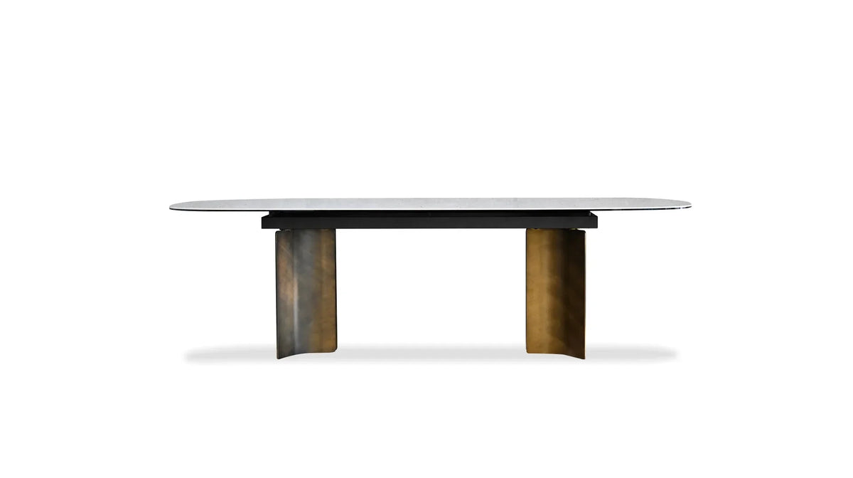 Sorrento Dining Table with marble-look top and bronze-tone legs, front view