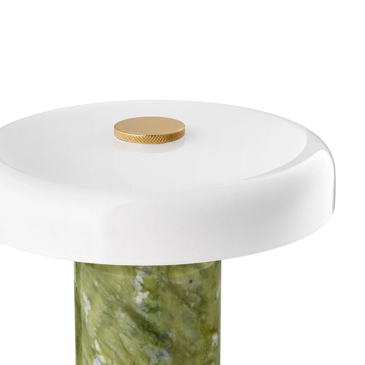 Trip Table Lamp in Apple and Opal close-up of glossy opal shade and brass knob