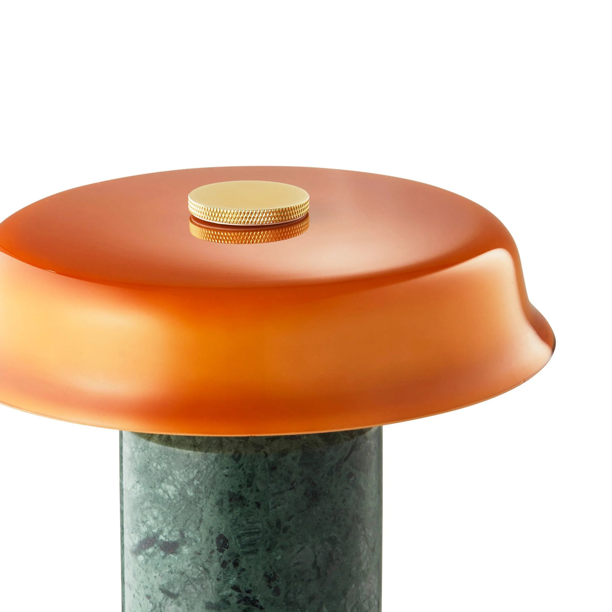 Trip 2 Table Lamp in Moss / Amber, close-up of amber shade and knurled brass knob