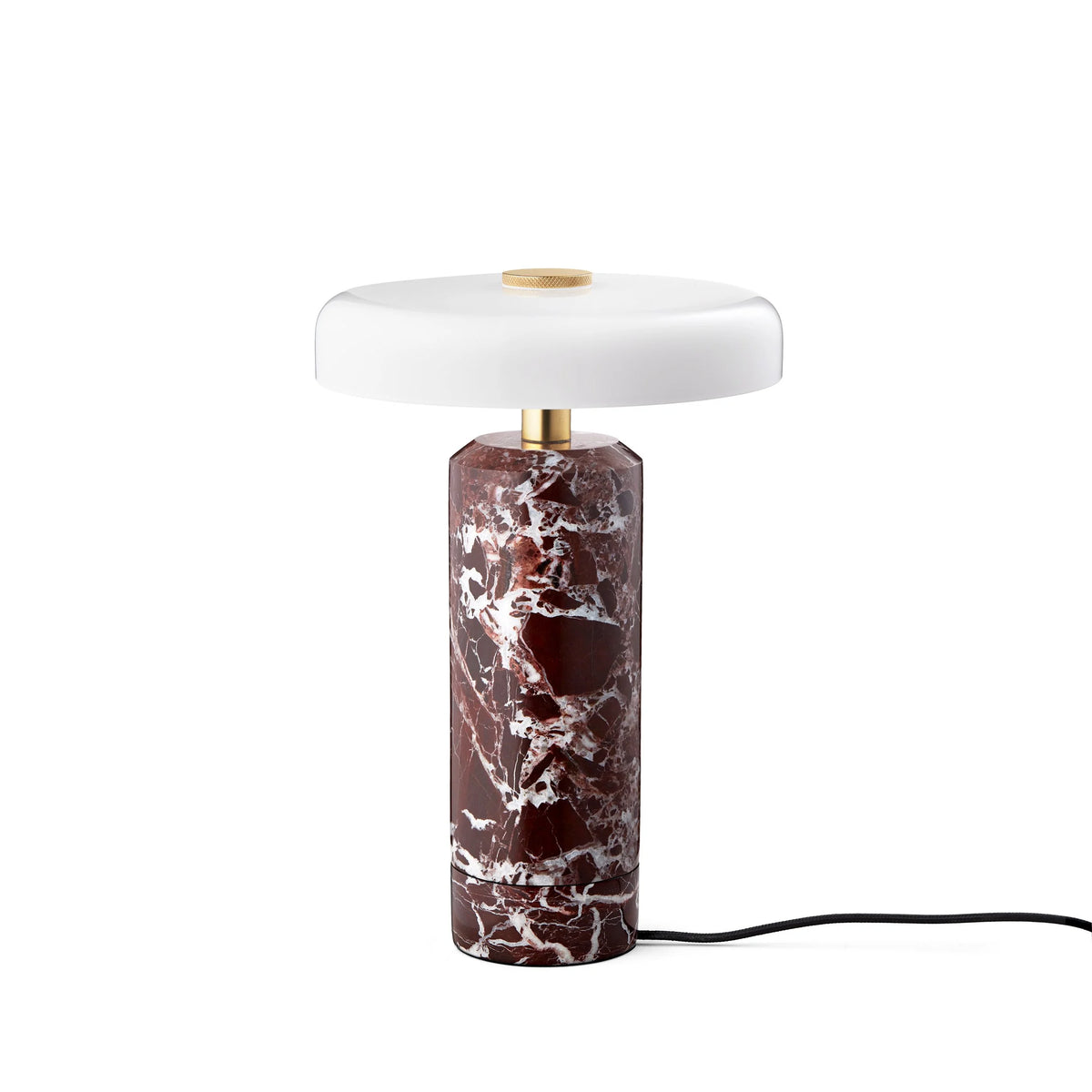 Trip Table Lamp – Burgundy | Opal, red marble base and white glossy shade on charging base with cord