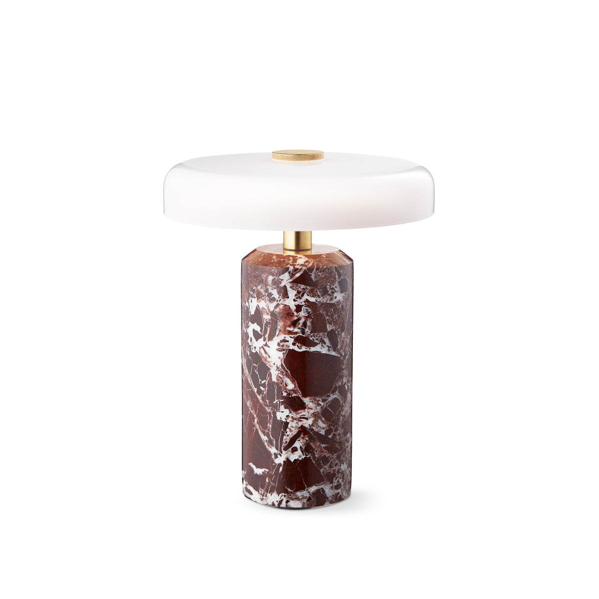 Trip Table Lamp in Burgundy / Opal, red marble base with white shade