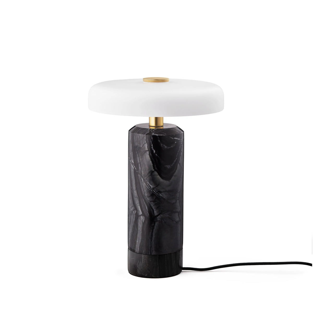 Trip Table Lamp in Charcoal / Opal on its charging base with cable