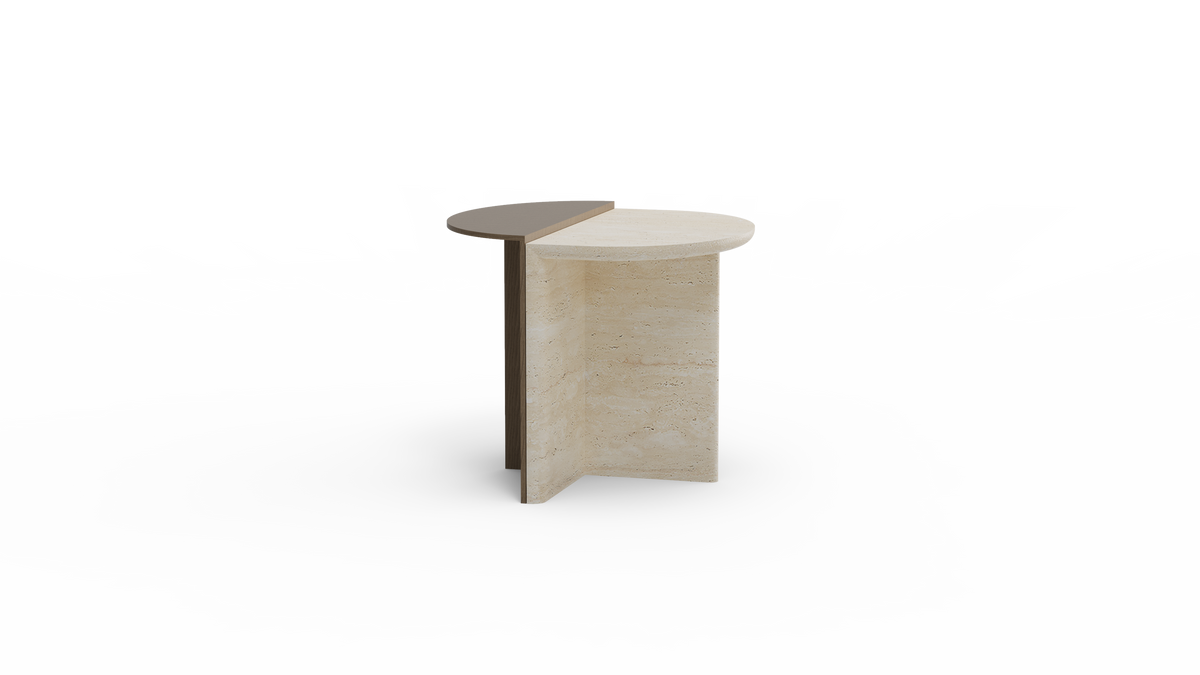 Duplex Side Table in Travertine with walnut-tone half, side view