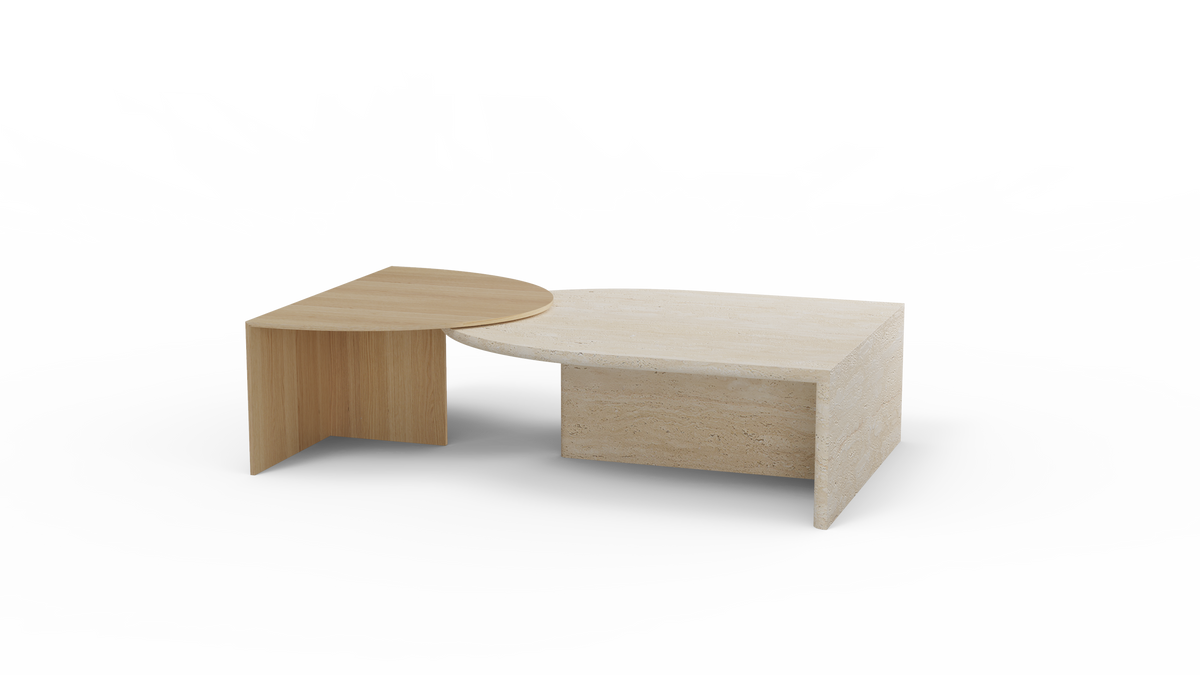 Duplex Coffee Table in Travertine with Natural Wood small base, side view