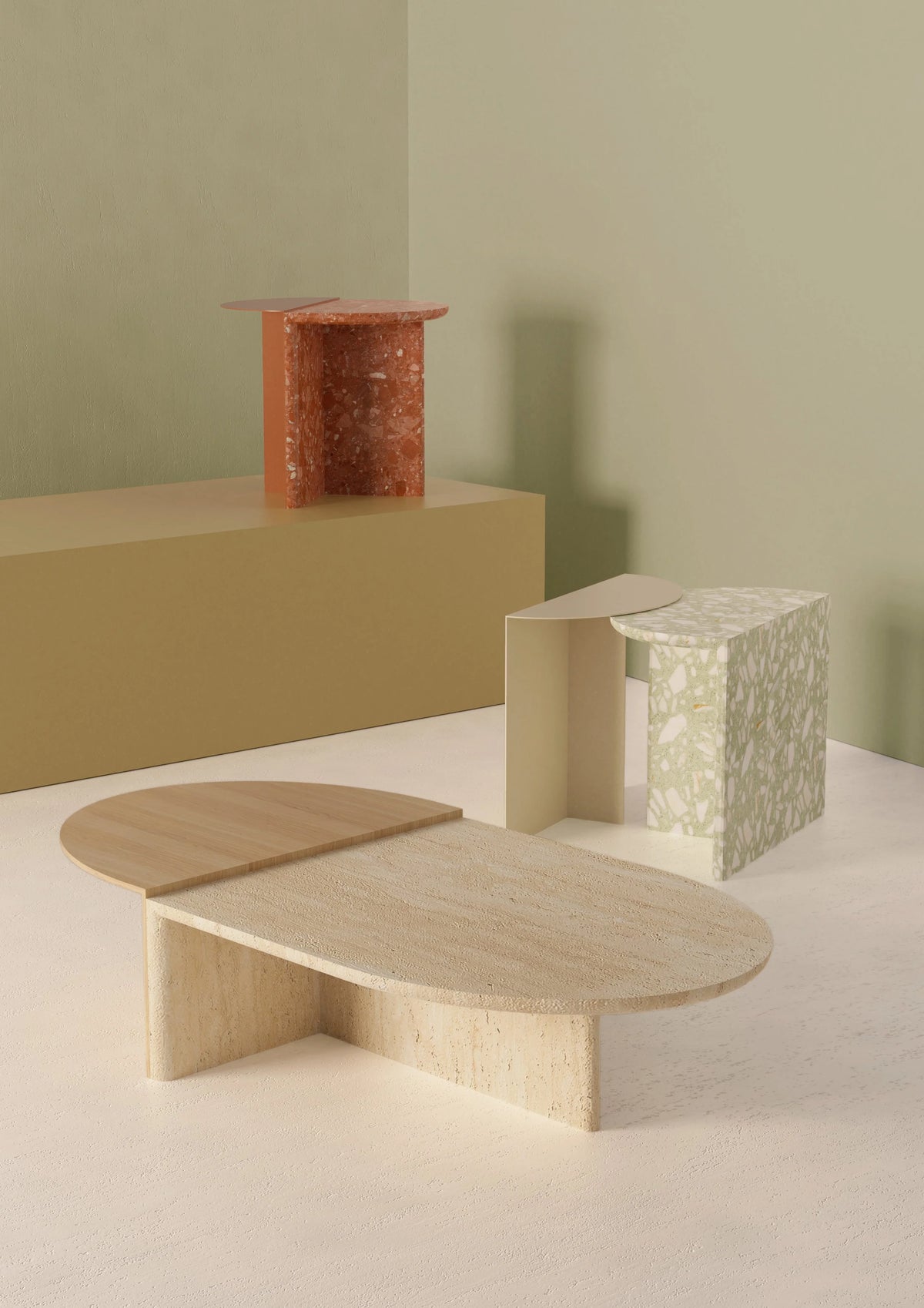Duplex Coffee Table in Travertine and wood with terrazzo side tables in a sage room