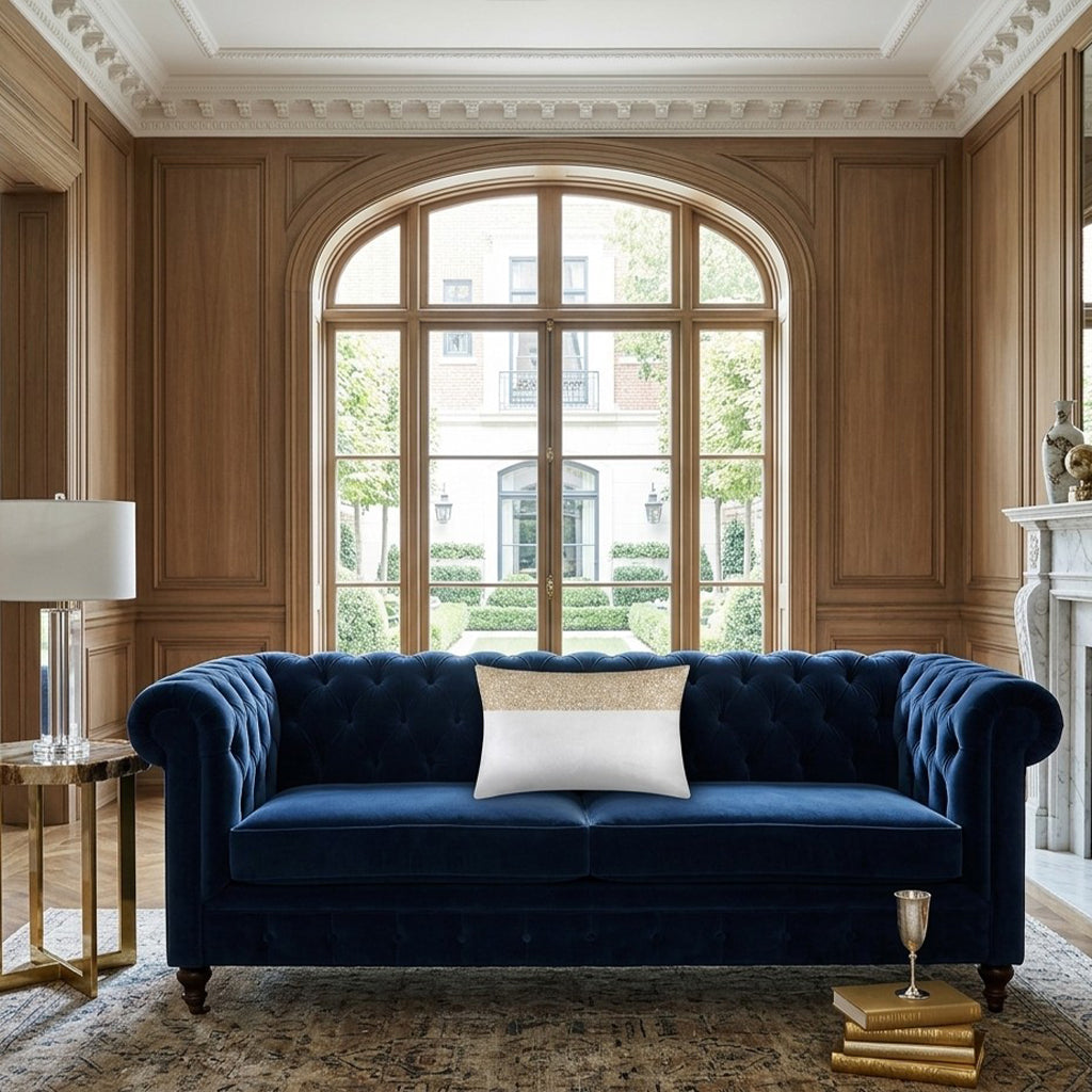 Lena Ivory Gold Lumbar Pillow styled on a sofa