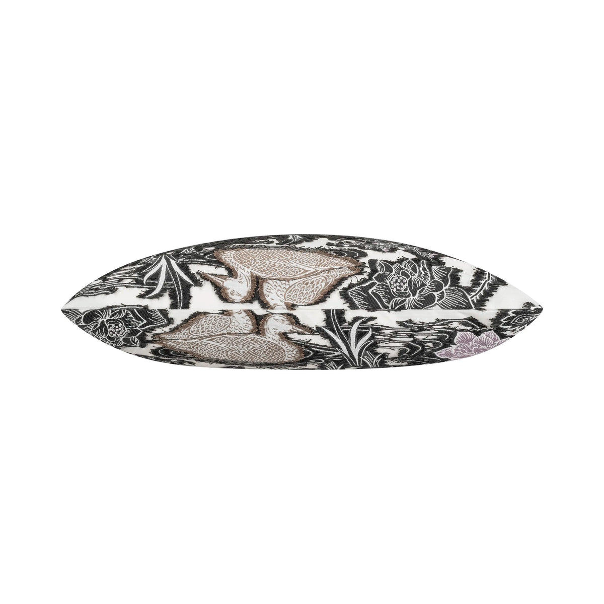 Crane & Lotus Pillow, side profile of the black and white print