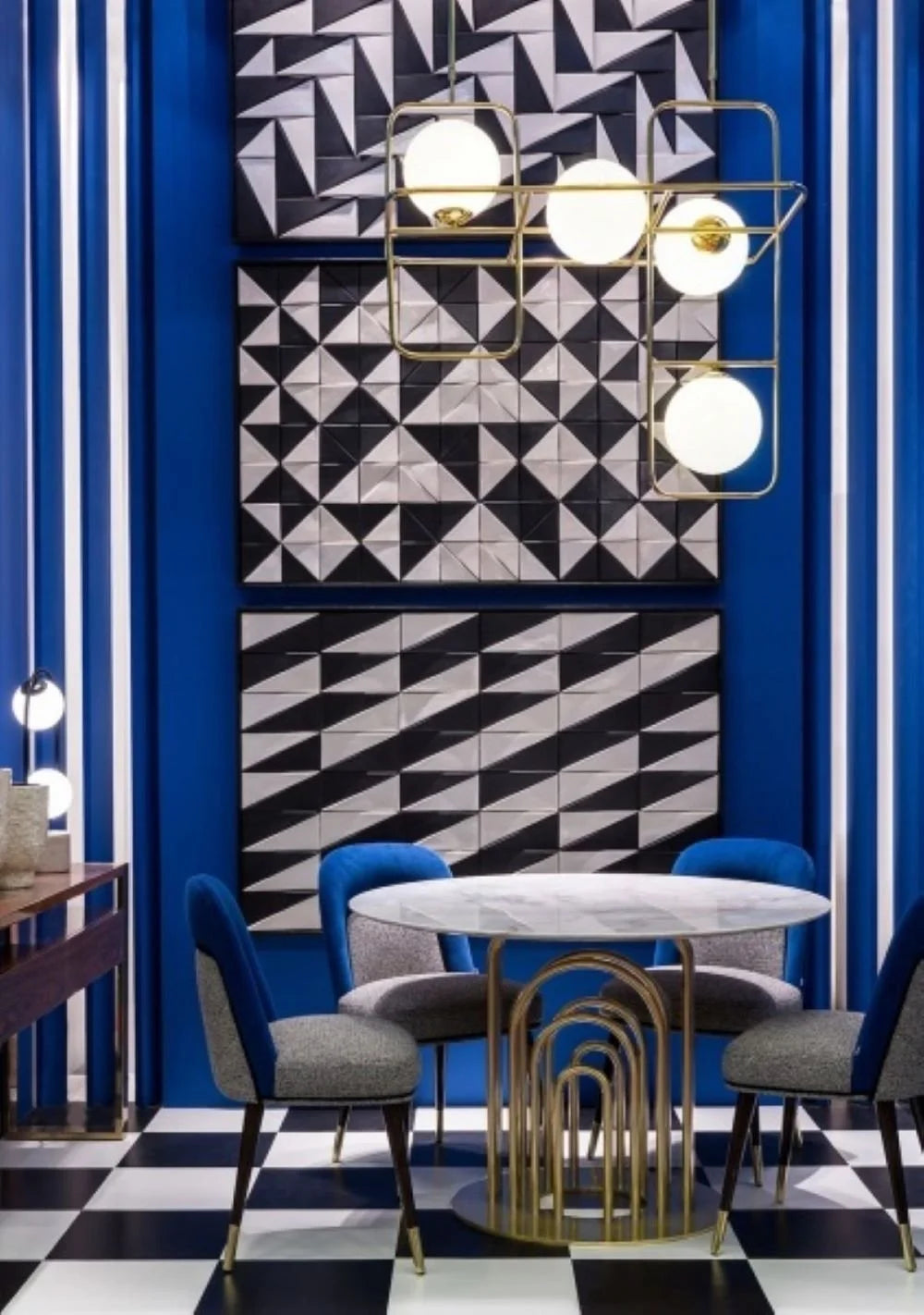 Tejo Black & White Panels in a blue-striped dining room with a checkerboard floor