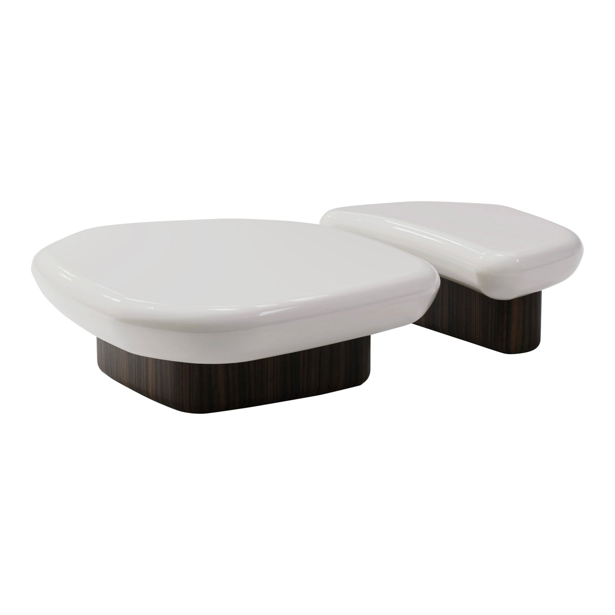 Kawa Coffee Tables in off-white high gloss on dark walnut bases, three-quarter view