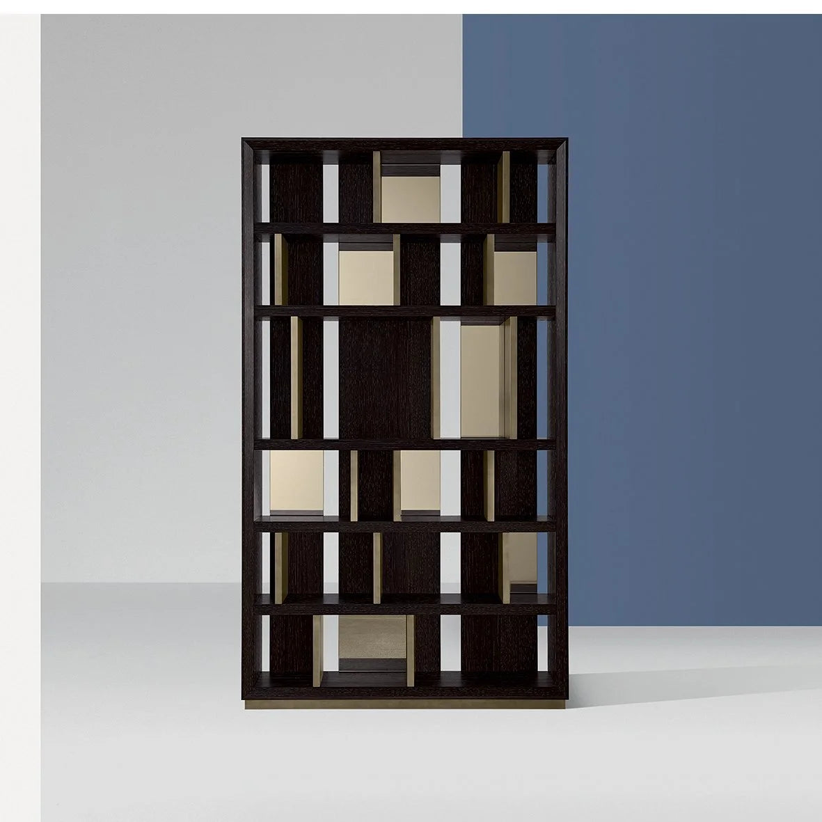 Magritte Bookcase in dark oak with champagne lacquered inserts, front view