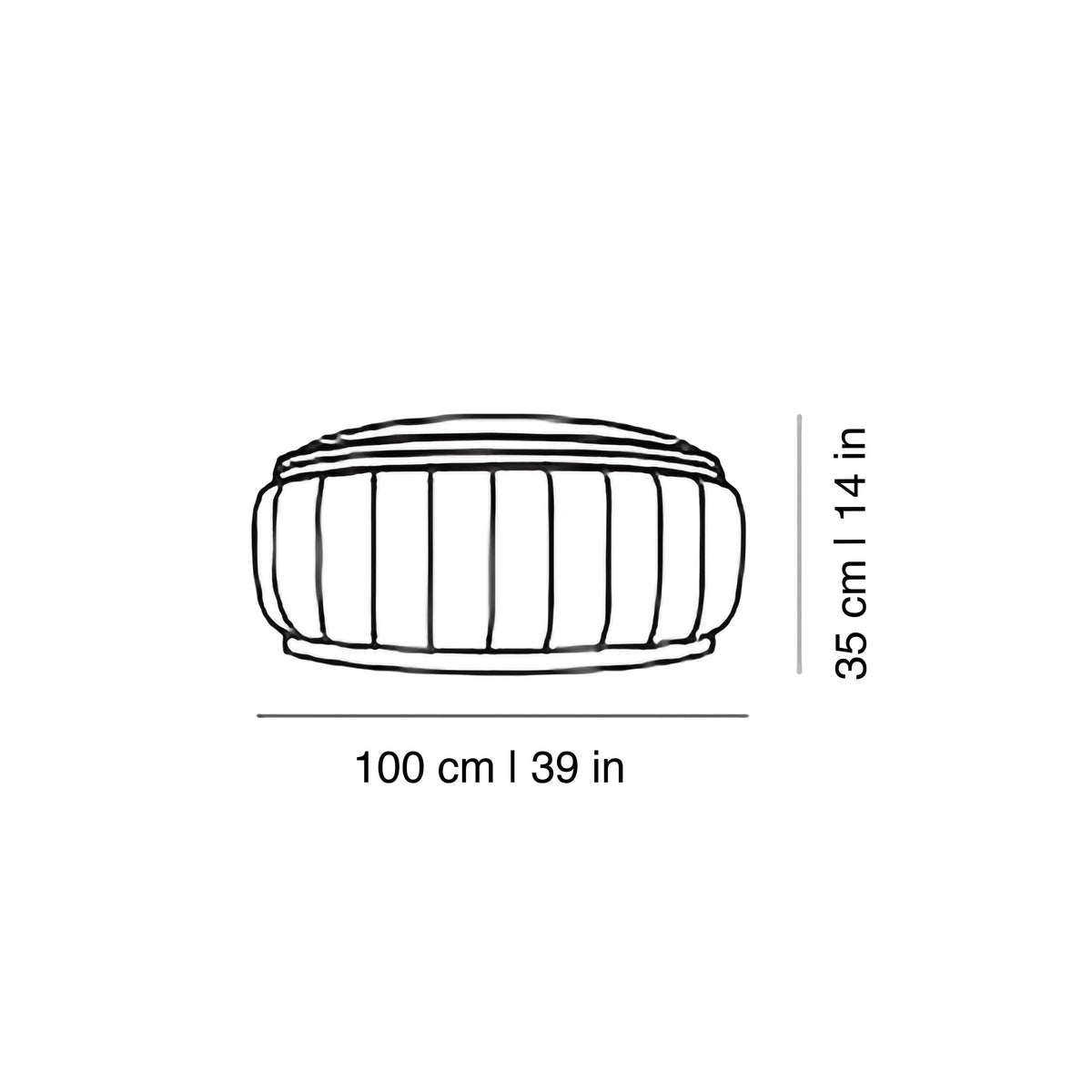 Malibu Ottoman dimension drawing: 100 cm | 39 in W, 35 cm | 14 in H