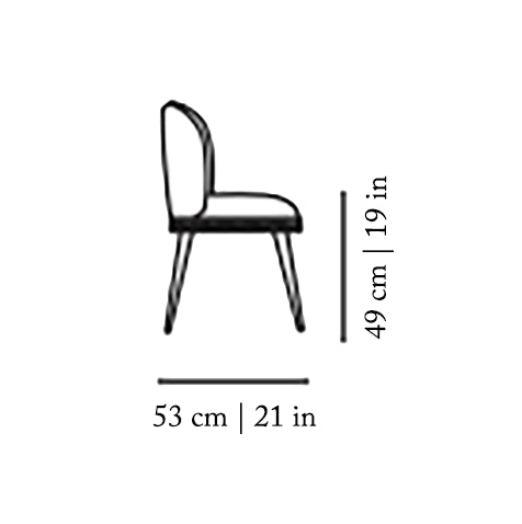 Alma Dining Chair side dimension drawing: 53 cm / 21 in deep, 49 cm / 19 in seat height
