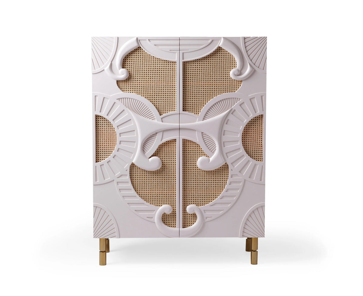 Traje De Luces Bar Cabinet with a sculpted lacquered front over natural rattan panels