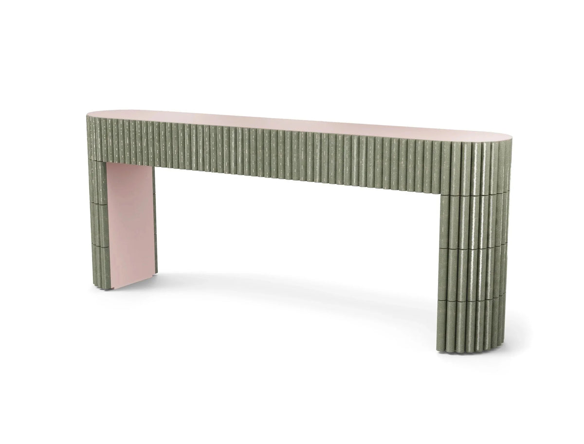 Nouvelle Vague Console Table with olive green tiles and blush lacquer top, three-quarter view