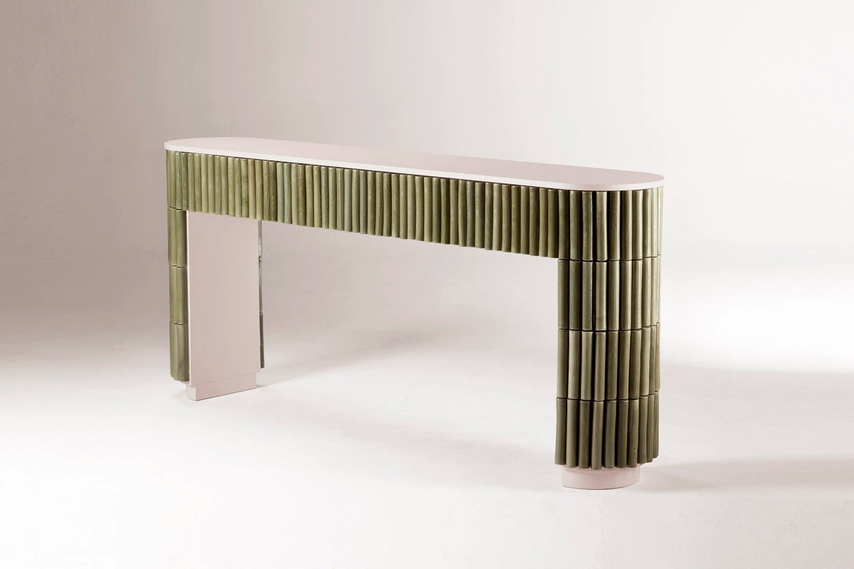 Nouvelle Vague Console Table with olive green tile structure and rose lacquer top in a studio