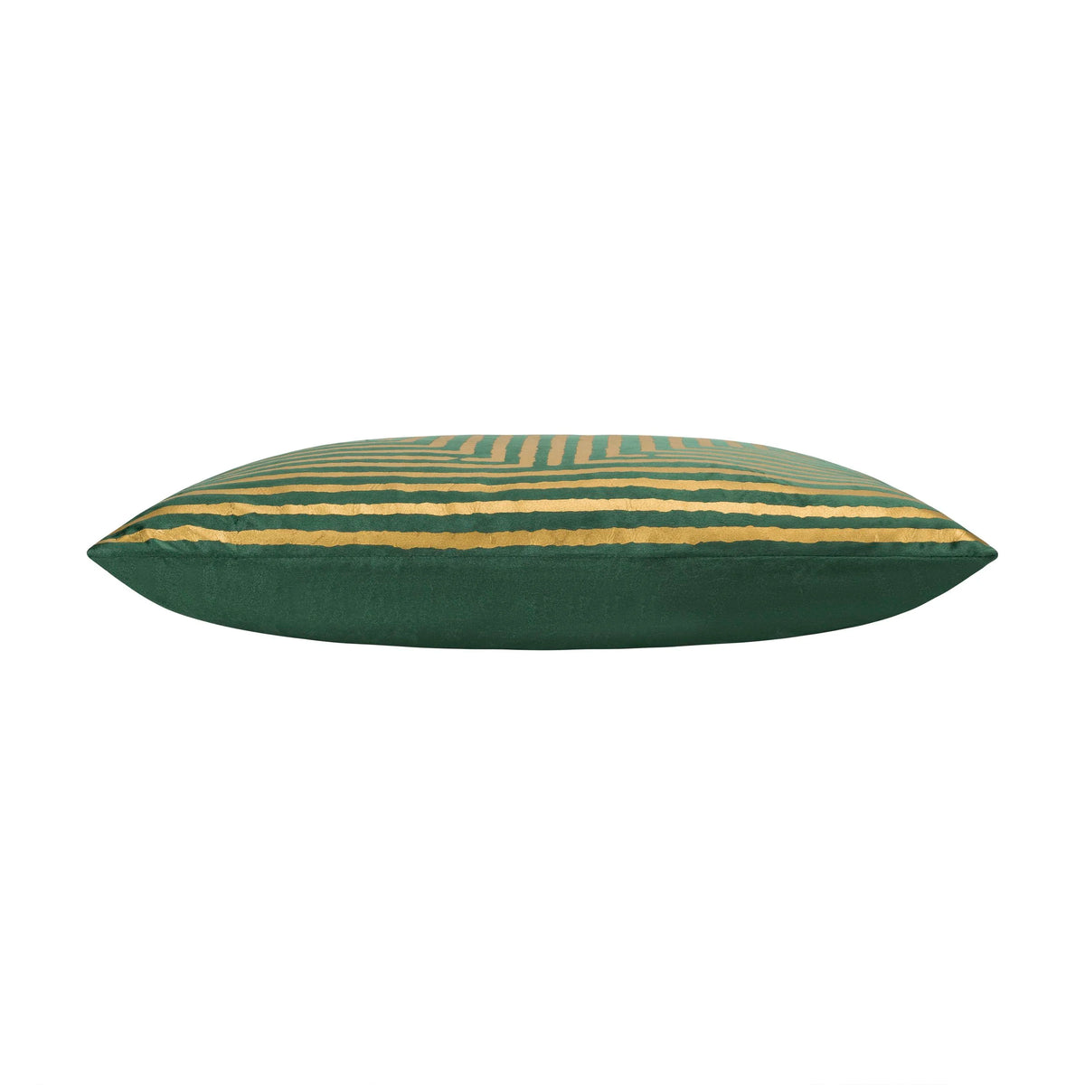 Mona Green Gold Pillow, side profile of the green velvet with gold stripes
