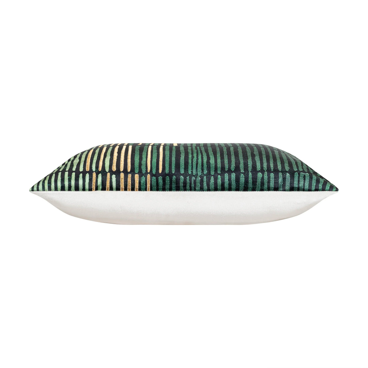 Mona Green Gold Lumbar Pillow, side profile with green stripes