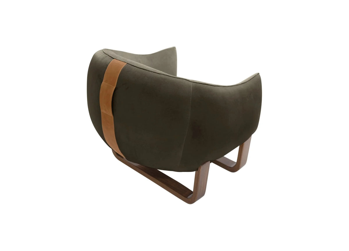 Milo Armchair back view in Earth Chesterfield velvet with leather handle
