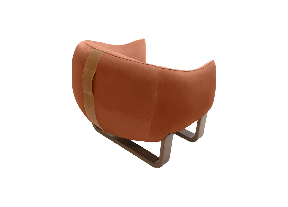 Milo Armchair back view in Marmalade Chesterfield velvet with leather handle