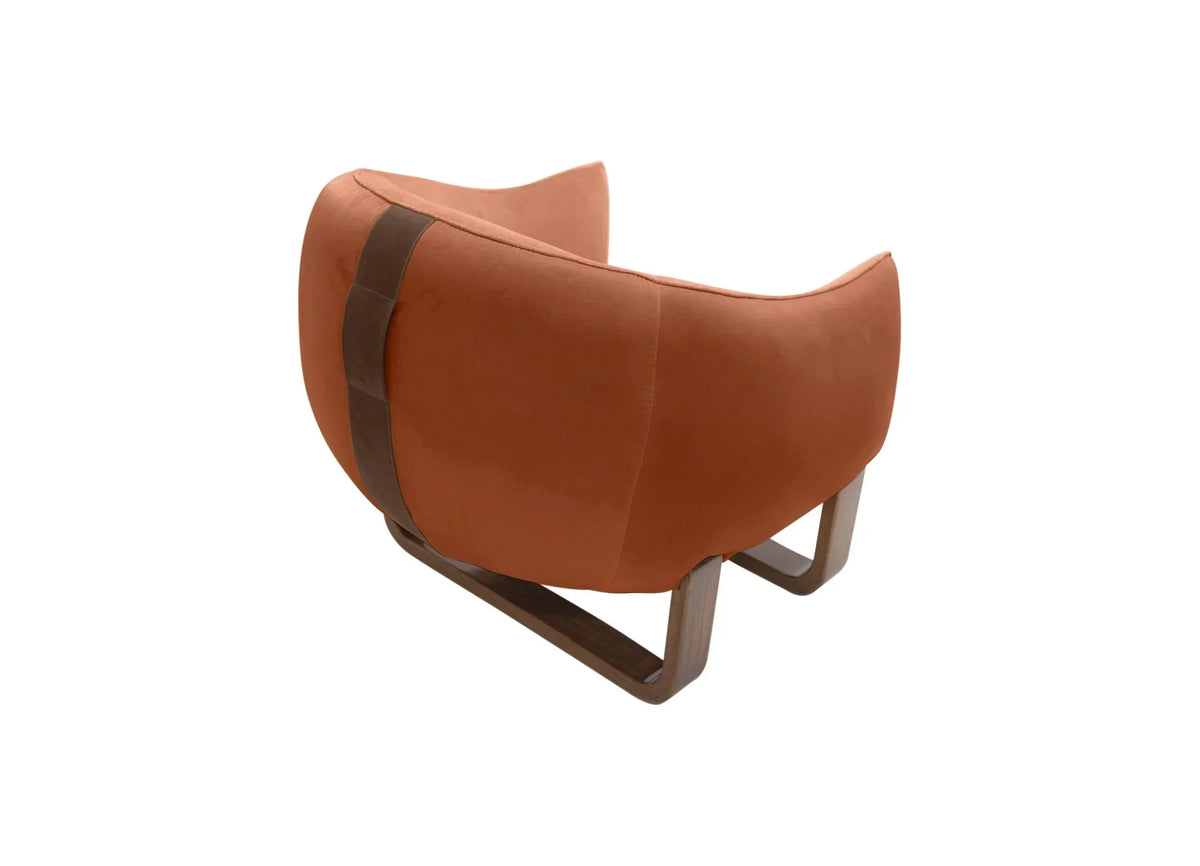 Milo Armchair back view in Marmalade Crème Brûlée velvet with leather handle