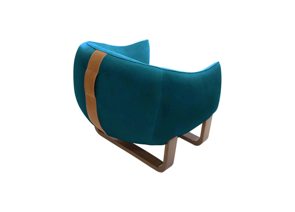 Milo Armchair back view in Ming Chesterfield velvet with leather handle