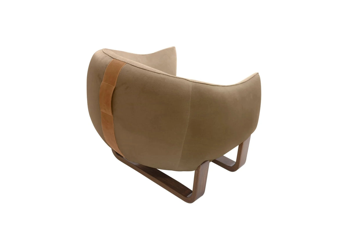 Milo Armchair back view in Taupe Chesterfield velvet with leather handle