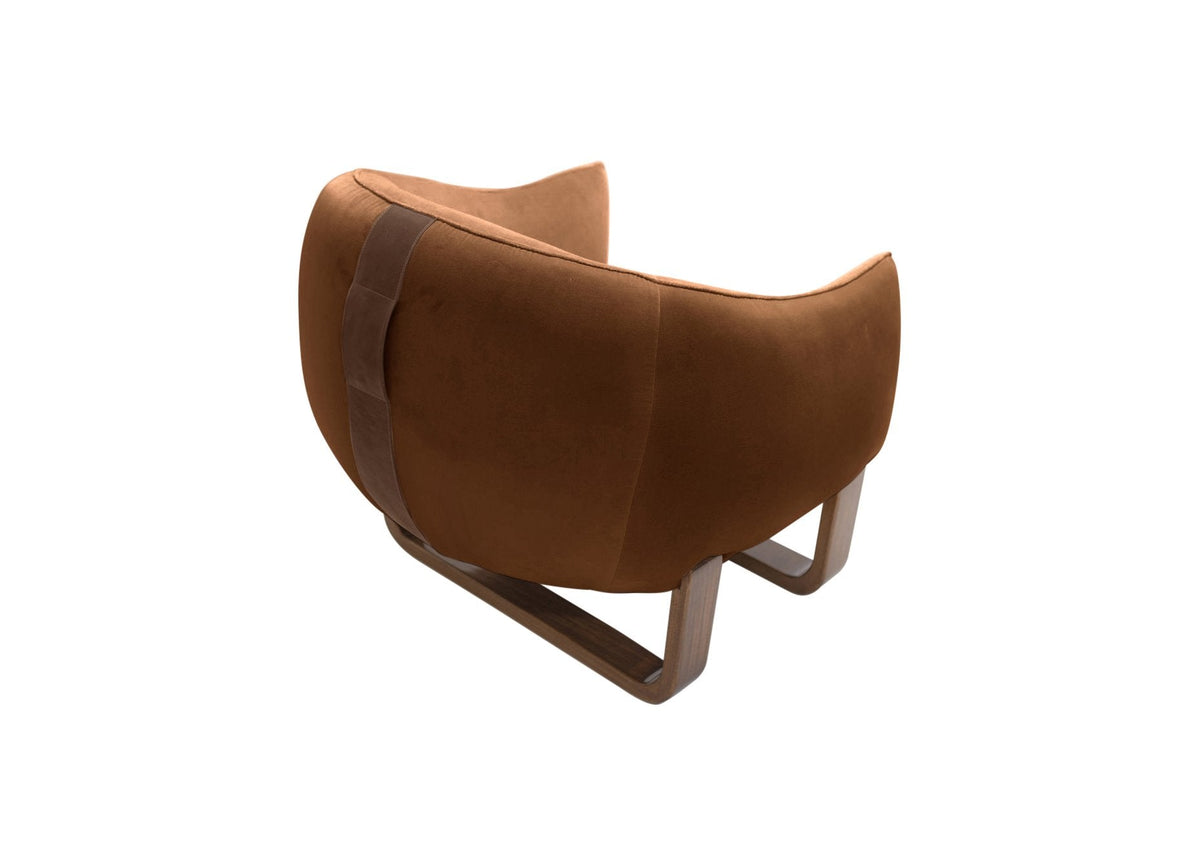 Milo Armchair back view in Terra Cotta Crème Brûlée velvet with leather handle