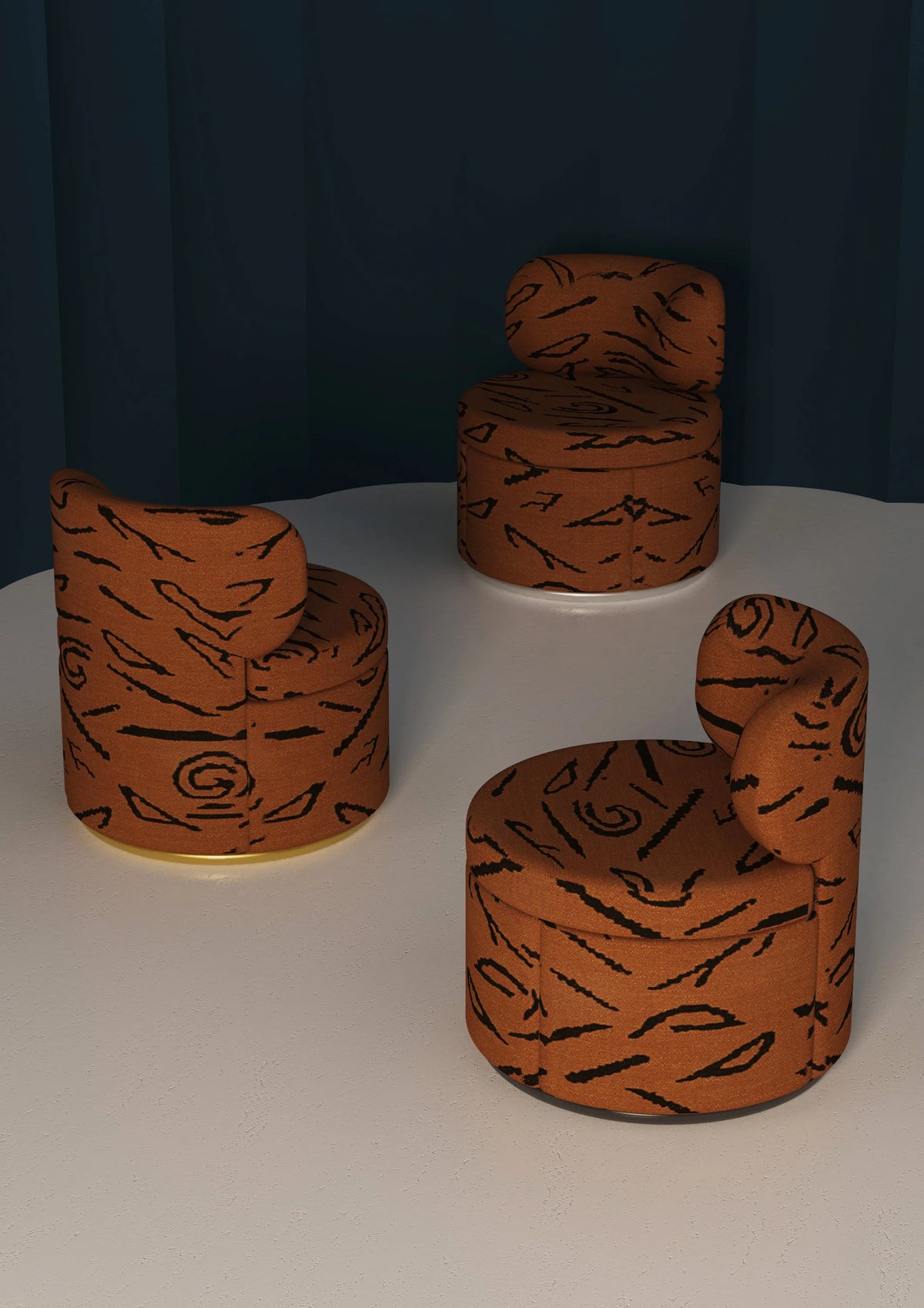 Mimi Swivel Lounge Chairs in a rust and black brushstroke pattern in a dark room