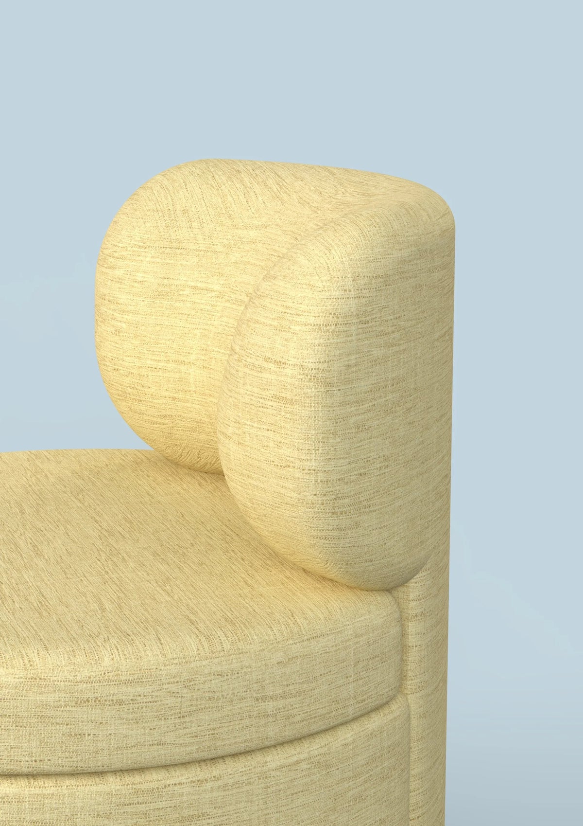 Mimi Swivel Lounge Chair close-up of the rounded back in pale yellow woven fabric