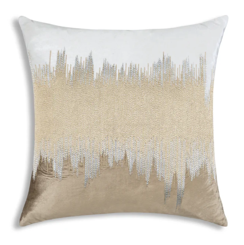 Mira Ivory Beige Lumbar Pillow in Ivory and beige velvet, square, gold embroidered band
