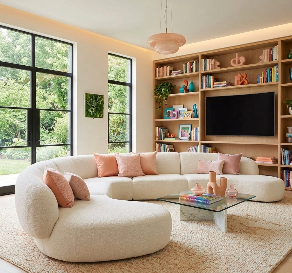 Moritz 4-Piece Sectional in Alabaster in a peach-toned family room