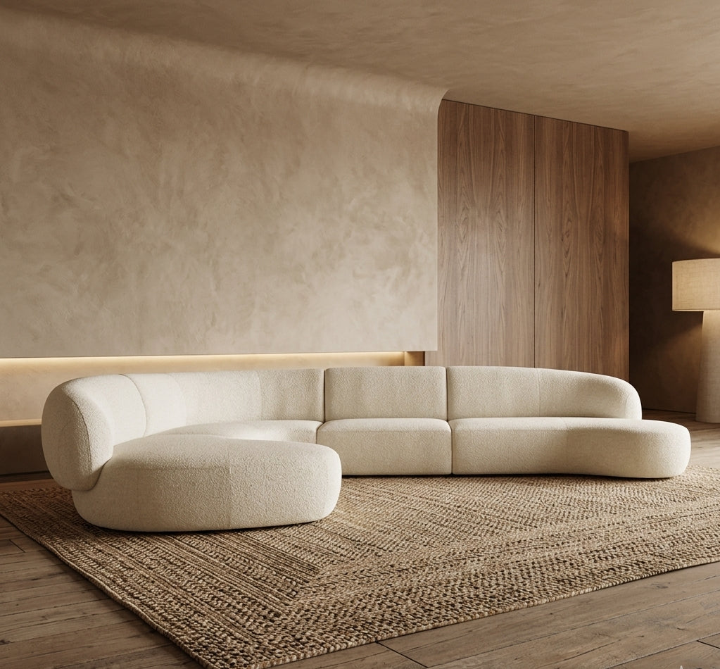 Moritz 4-Piece Sectional in Alabaster Boucle in a warm living room with jute rug