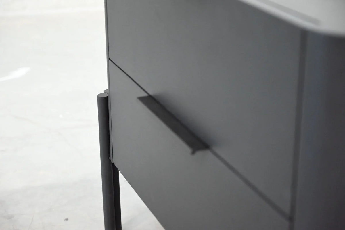 Nori Night Table close-up of blackened oak drawer pull and leg