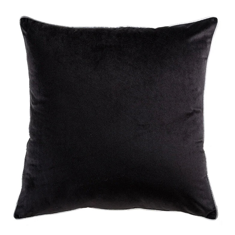 Noah Pillow in Black Silver, front view of square velvet cushion with silver piping