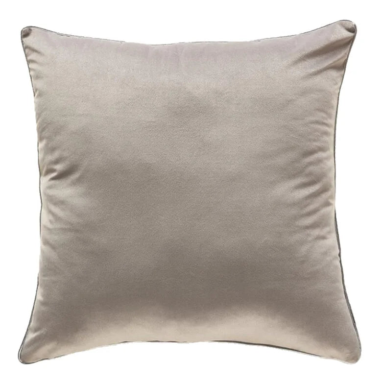 Noah Pillow in Grey Silver, front view of square velvet cushion with silver piping
