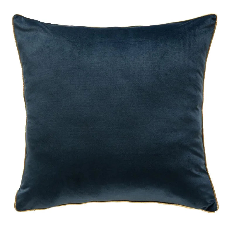 Noah Pillow in Navy Gold, front view of square velvet cushion with gold piping